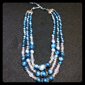 Vintage AB crystal and blue bead necklace.
